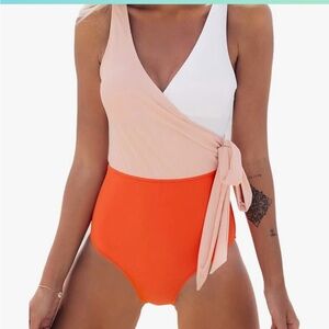 CUPSHE Women's One Piece Swimsuit Wrap Color Block Tie Side Bathing Suit-new